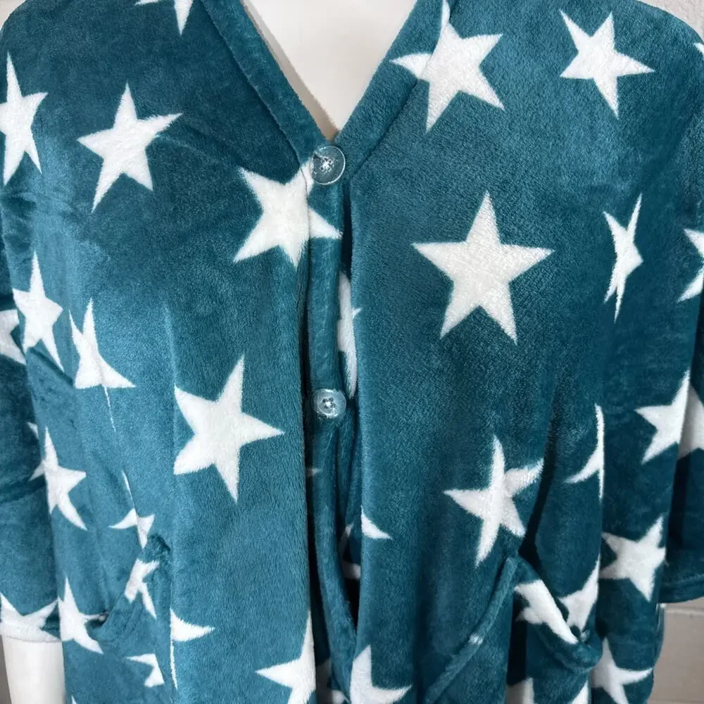 Warm & Cozy Oversized Fleece Wearable Blanket Poncho Teal Stars